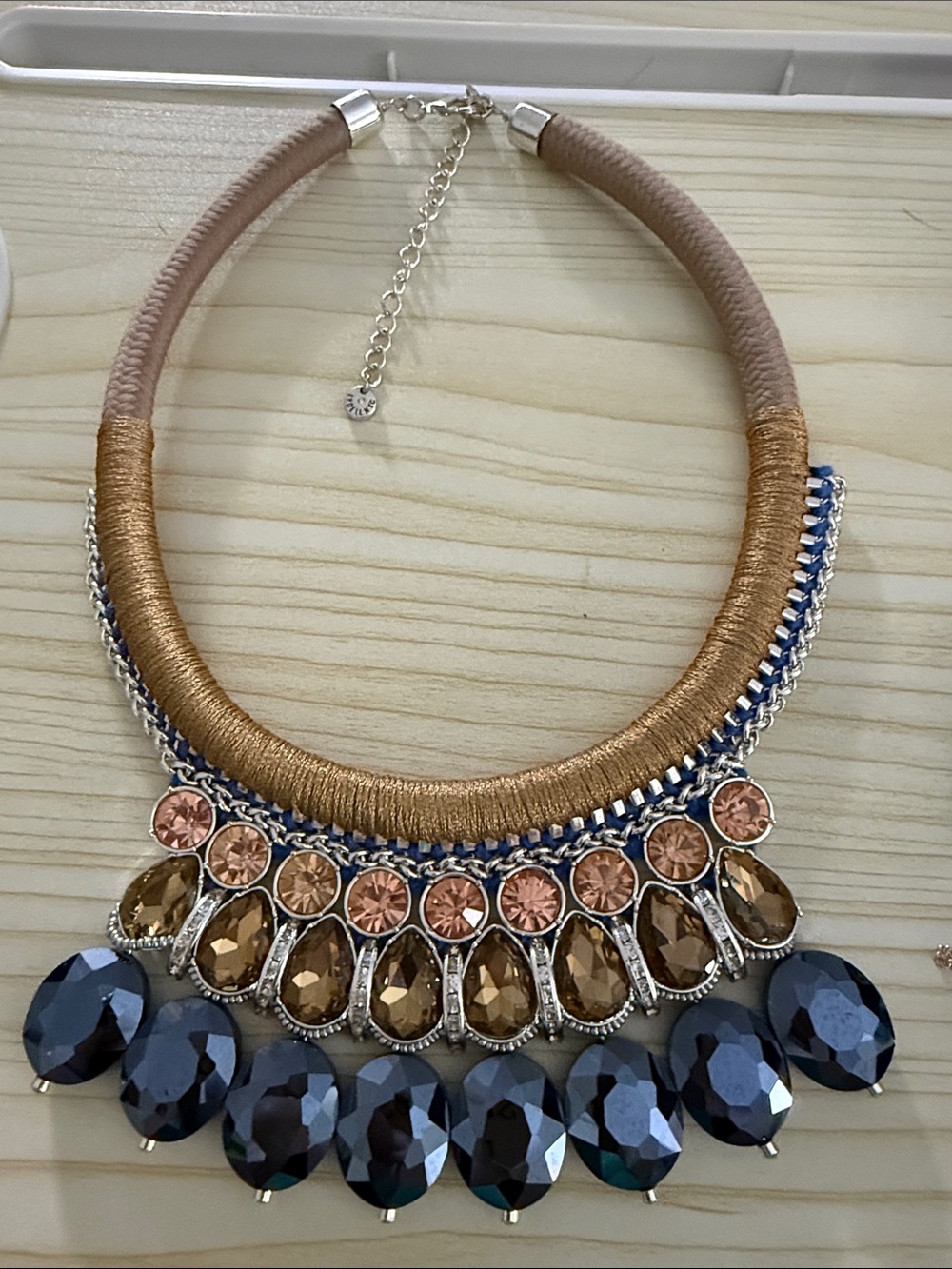 Statement Necklace with Blue and Gold Gem Accents